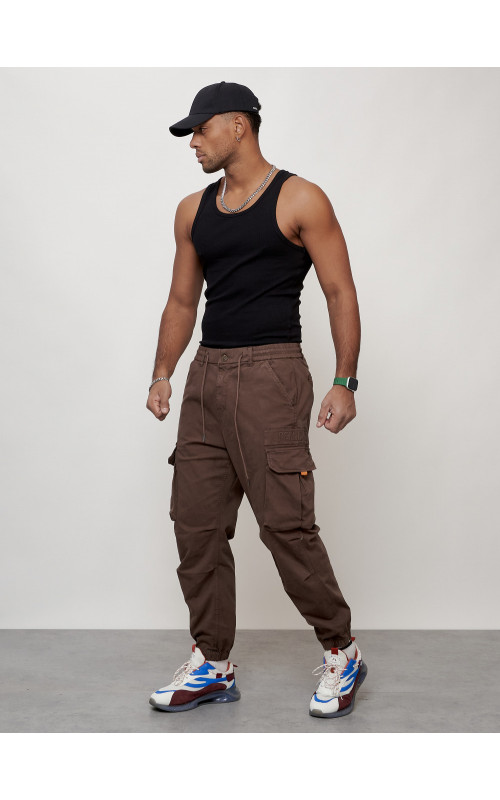 Мужские брюки карго с накладными карманами, коричневые в Тюмени