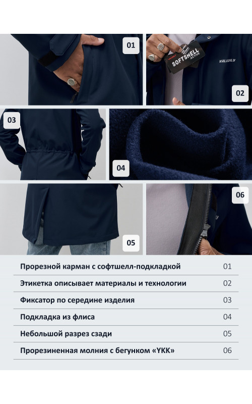 Мужская спортивная парка с капюшоном softshell, тёмно-синяя в Тюмени