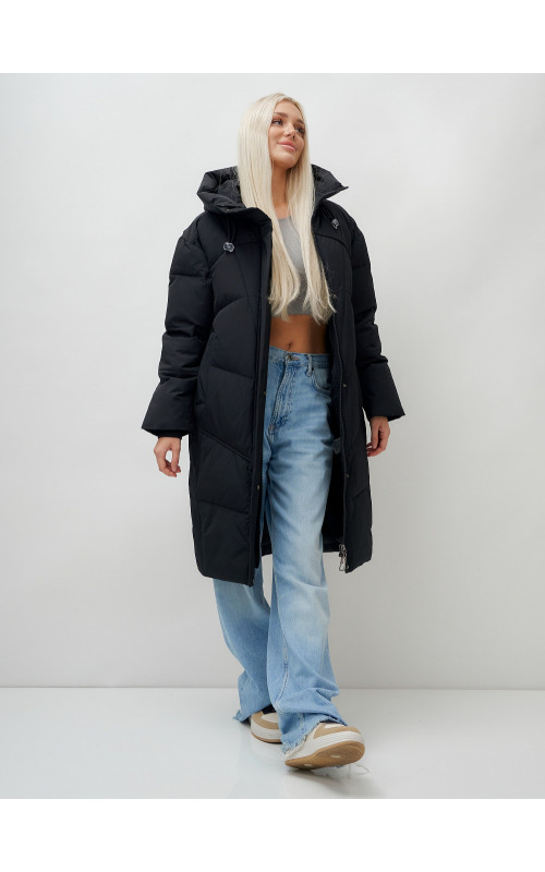 Длинный зимний пуховик с капюшоном для женщин