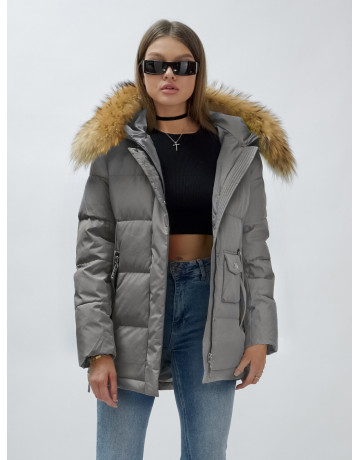 Пуховик женский зимний с мехом енота премиум-класса, серый. в Тюмени