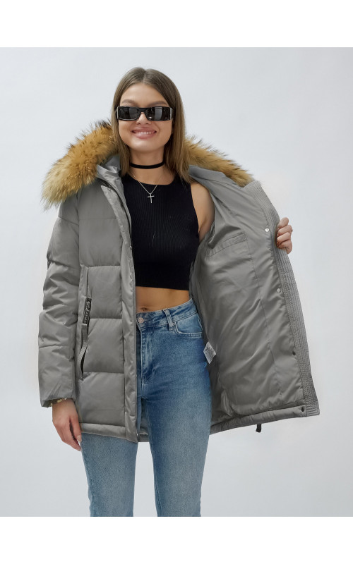 Пуховик женский зимний с мехом енота премиум-класса, серый. в Тюмени