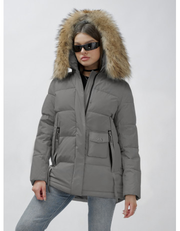 Пуховик женский зимний с мехом енота премиум-класса, серый. в Тюмени