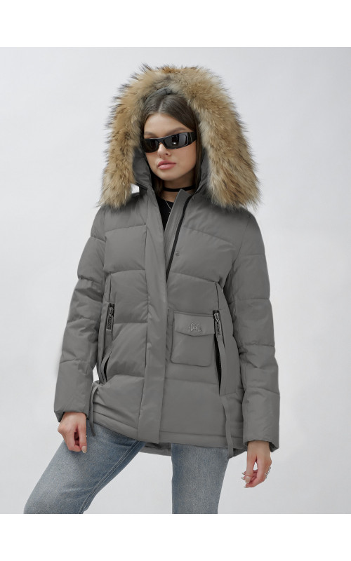 Пуховик женский зимний с мехом енота премиум-класса, серый. в Тюмени