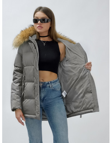 Пуховик женский зимний с мехом енота премиум-класса, серый. в Тюмени