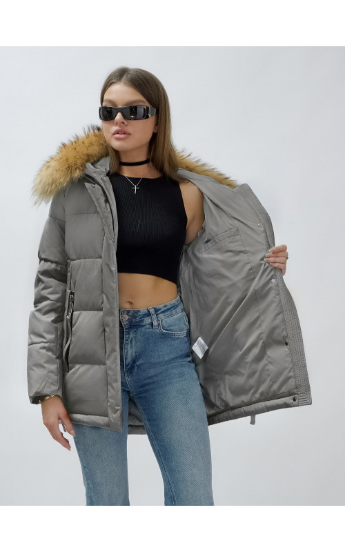 Пуховик женский зимний с мехом енота премиум-класса, серый. в Тюмени