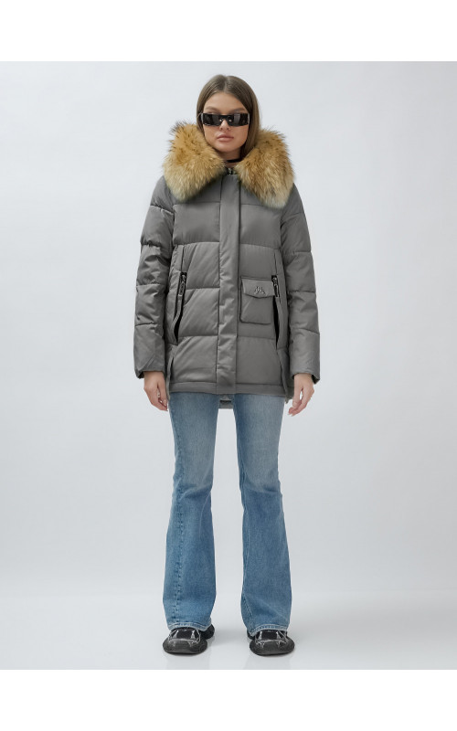 Пуховик женский зимний с мехом енота премиум-класса, серый. в Тюмени