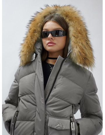 Пуховик женский зимний с мехом енота премиум-класса, серый. в Тюмени