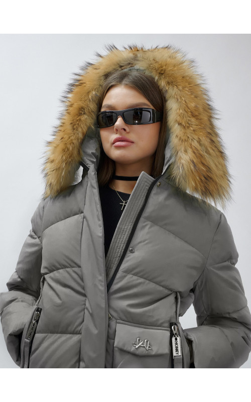 Пуховик женский зимний с мехом енота премиум-класса, серый. в Тюмени