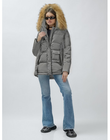 Пуховик женский зимний с мехом енота премиум-класса, серый. в Тюмени