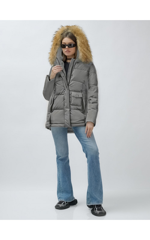 Пуховик женский зимний с мехом енота премиум-класса, серый. в Тюмени