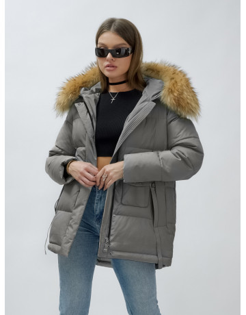 Пуховик женский зимний с мехом енота премиум-класса, серый. в Тюмени