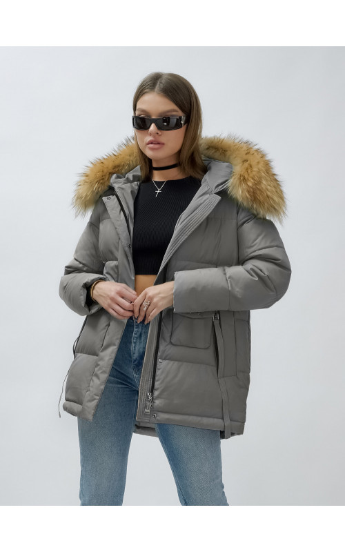 Пуховик женский зимний с мехом енота премиум-класса, серый. в Тюмени