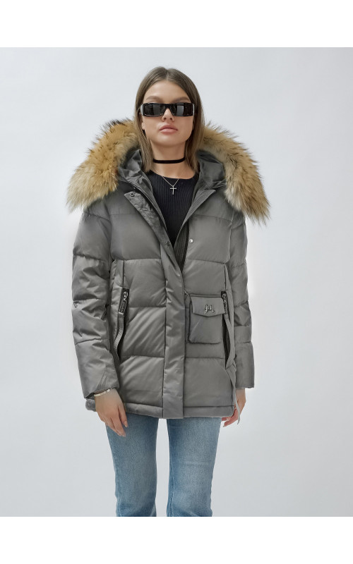 Пуховик женский зимний с мехом енота премиум-класса, серый. в Тюмени