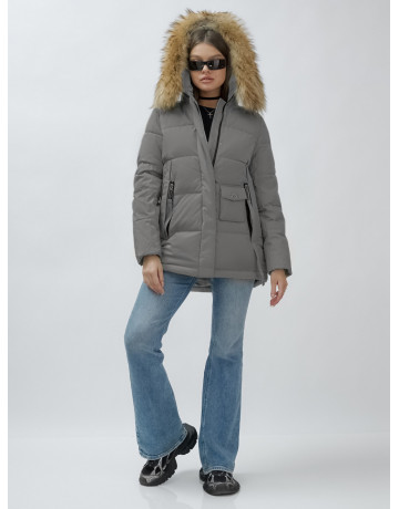 Пуховик женский зимний с мехом енота премиум-класса, серый. в Тюмени