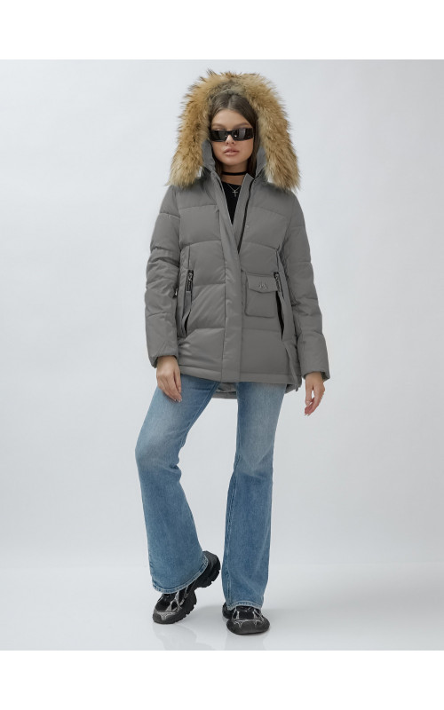 Пуховик женский зимний с мехом енота премиум-класса, серый. в Тюмени