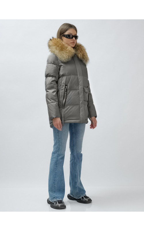 Пуховик женский зимний с мехом енота премиум-класса, серый. в Тюмени