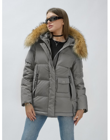 Пуховик женский зимний с мехом енота премиум-класса, серый. в Тюмени