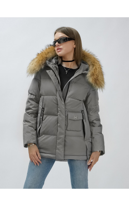 Пуховик женский зимний с мехом енота премиум-класса, серый. в Тюмени