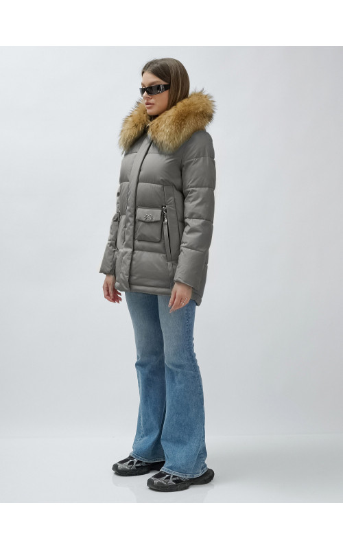 Пуховик женский зимний с мехом енота премиум-класса, серый. в Тюмени