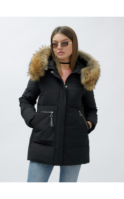 Пуховик женский зимний с мехом енота премиум-класса, чёрный. в Тюмени