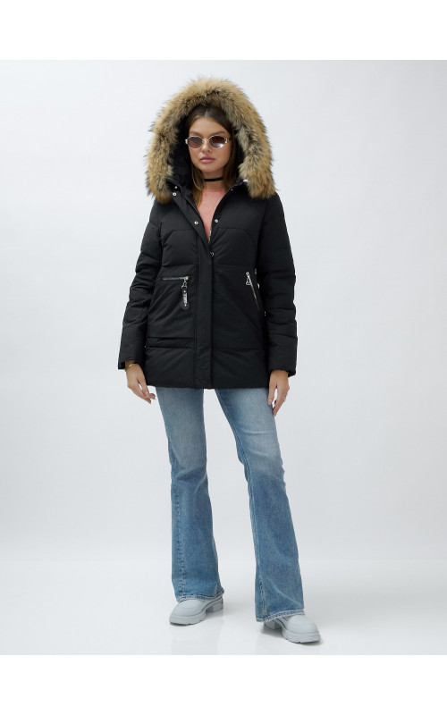 Пуховик женский зимний с мехом енота премиум-класса, чёрный. в Тюмени