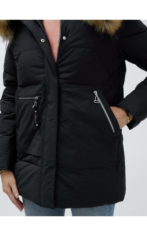 Пуховик женский зимний с мехом енота премиум-класса, чёрный. в Тюмени