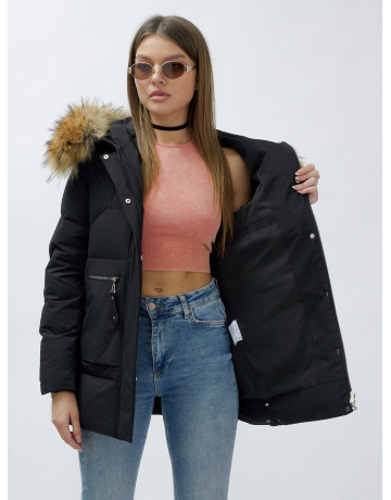 Пуховик женский зимний с мехом енота премиум-класса, чёрный. в Тюмени