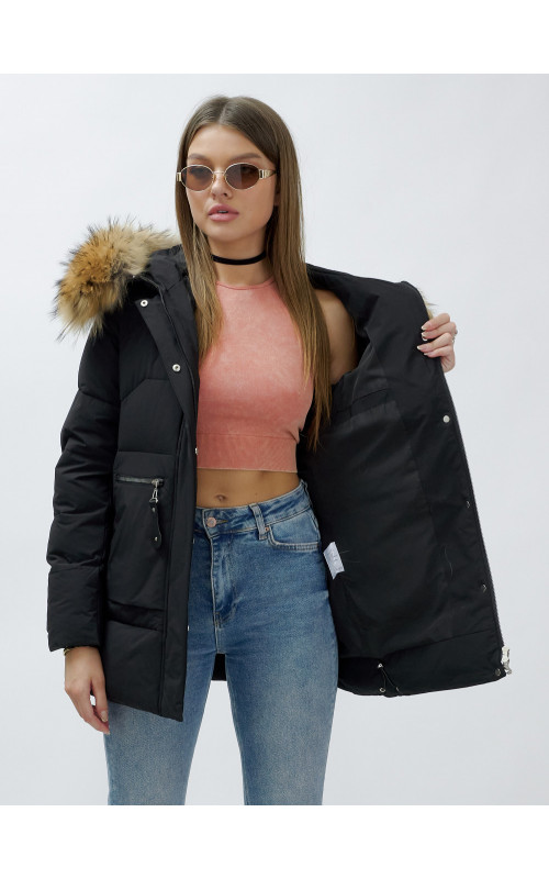 Пуховик женский зимний с мехом енота премиум-класса, чёрный. в Тюмени