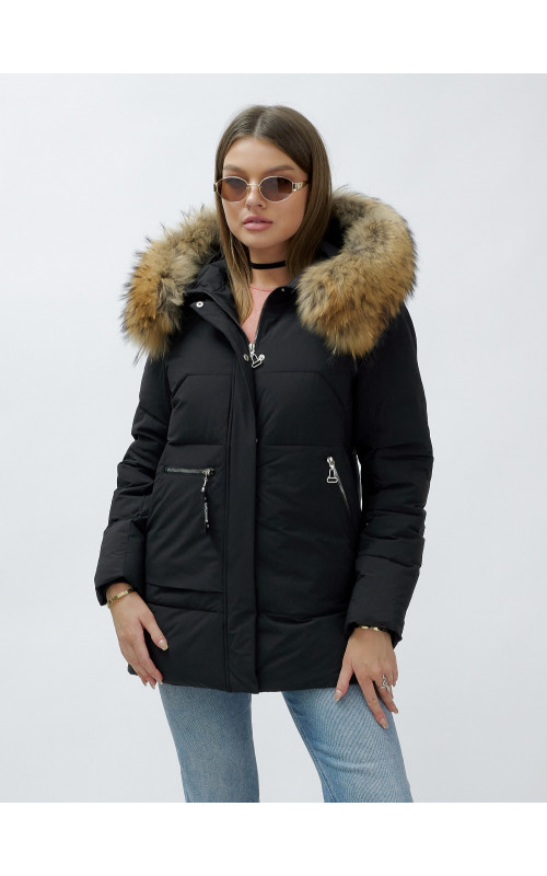 Пуховик женский зимний с мехом енота премиум-класса, чёрный. в Тюмени