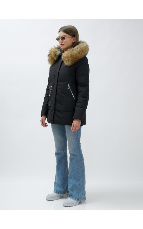 Пуховик женский зимний с мехом енота премиум-класса, чёрный. в Тюмени