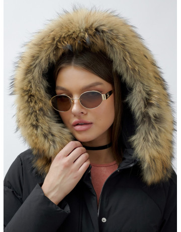 Пуховик женский зимний с мехом енота премиум-класса, чёрный. в Тюмени