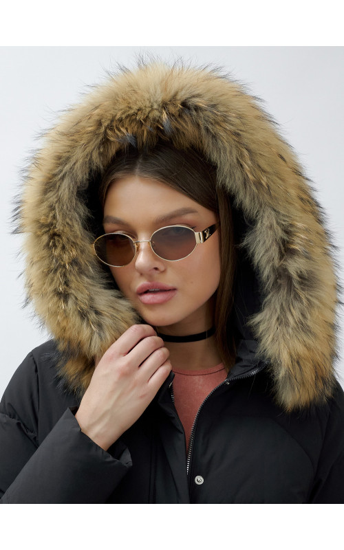 Пуховик женский зимний с мехом енота премиум-класса, чёрный. в Тюмени