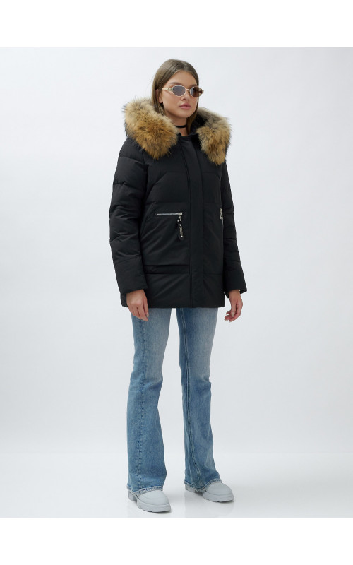 Пуховик женский зимний с мехом енота премиум-класса, чёрный. в Тюмени