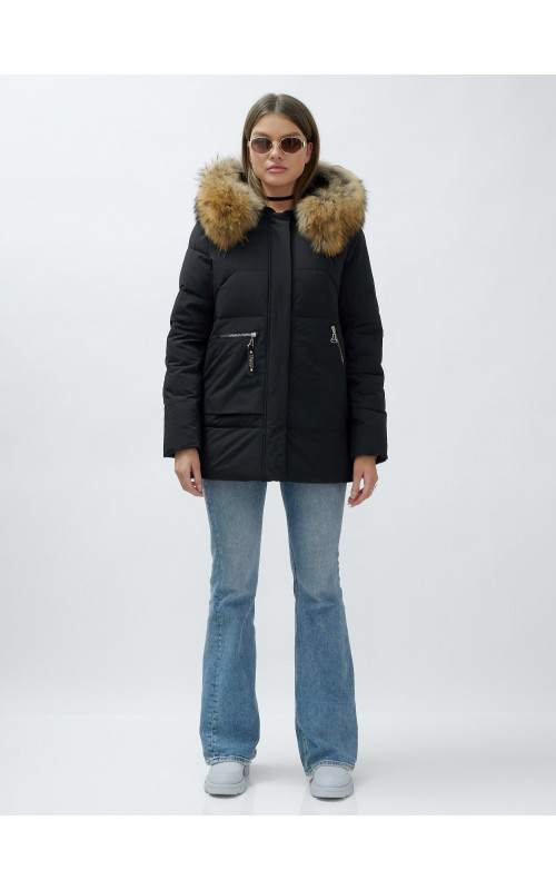 Пуховик женский зимний с мехом енота премиум-класса, чёрный. в Тюмени