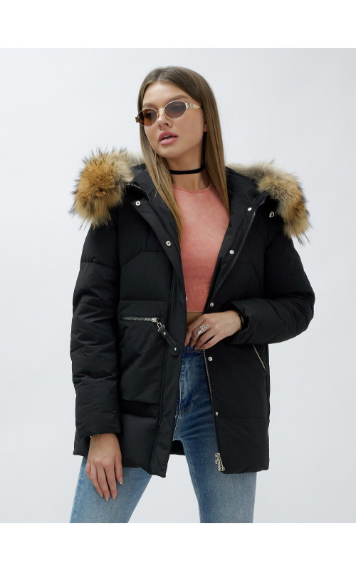 Пуховик женский зимний с мехом енота премиум-класса, чёрный. в Тюмени