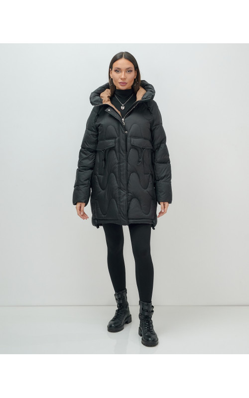 Зимний модный пуховик женский с капюшоном, чёрный. в Тюмени