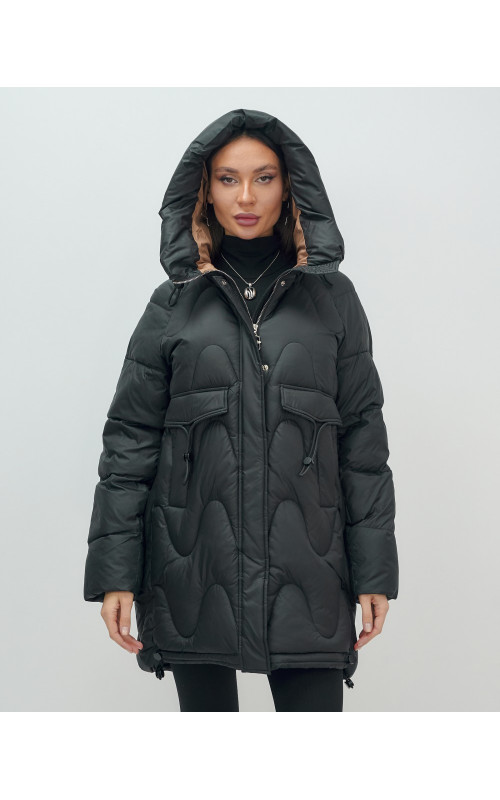 Зимний модный пуховик женский с капюшоном, чёрный. в Тюмени