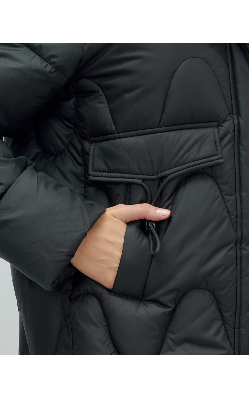 Зимний модный пуховик женский с капюшоном, чёрный. в Тюмени