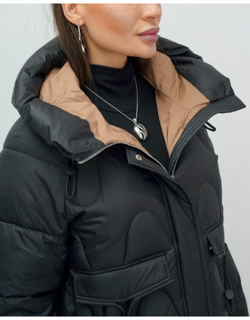 Зимний модный пуховик женский с капюшоном, чёрный. в Тюмени