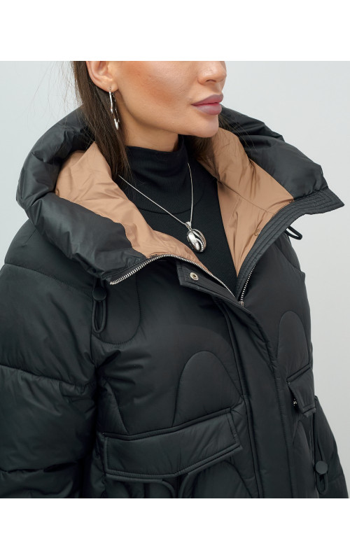 Зимний модный пуховик женский с капюшоном, чёрный. в Тюмени