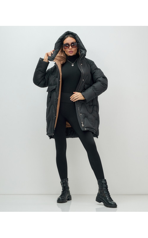 Зимний модный пуховик женский с капюшоном, чёрный. в Тюмени
