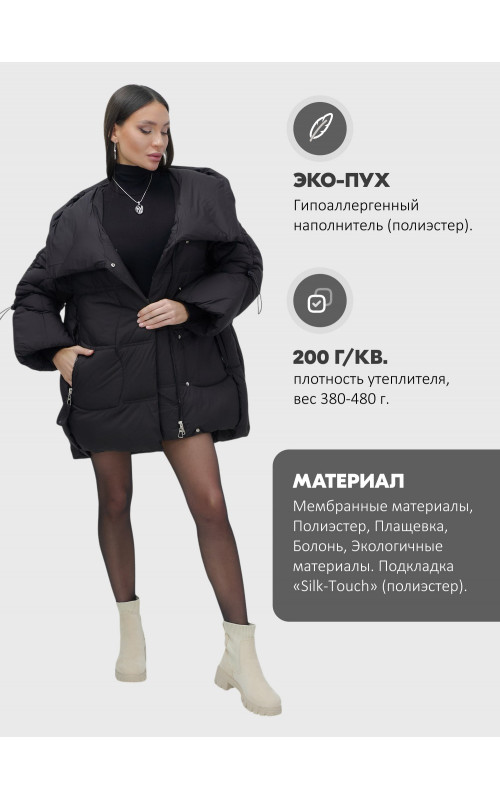 Пуховик женский зимний с капюшоном, чёрный. в Тюмени