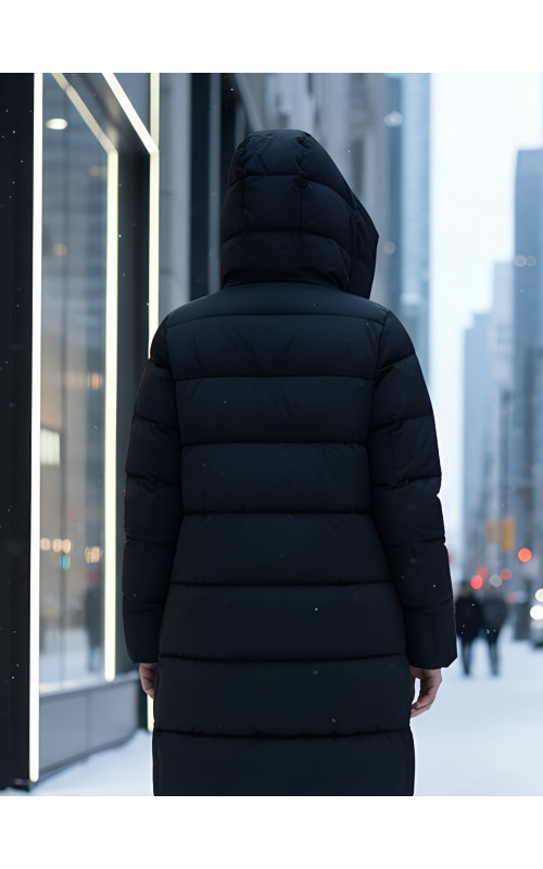 Длинный зимний пуховик для женщин с капюшоном.