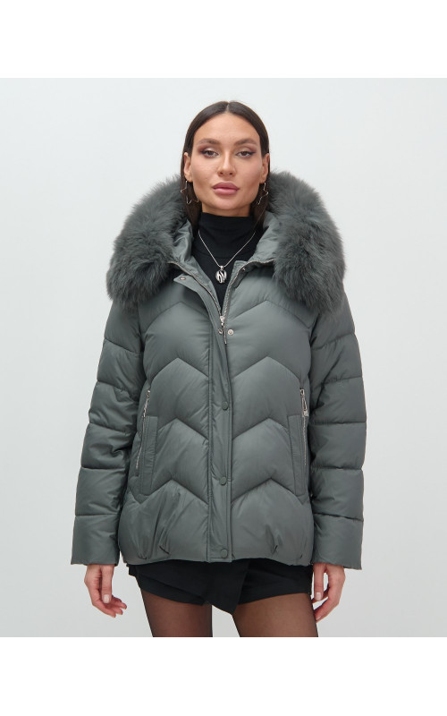 Пуховик для городской леди с мехом песца, защита от влаги и ветра