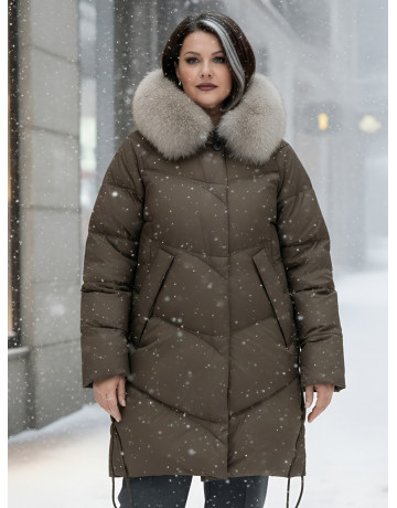Длинный зимний пуховик премиум-класса с мехом песца