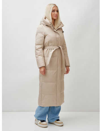 Тёплый женский пуховик с поясом и капюшоном.