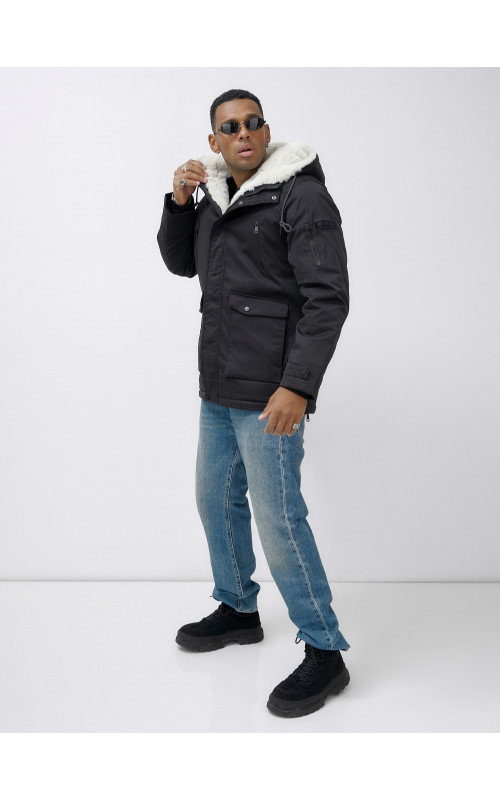 Мужская зимняя удлиненная парка с мехом, чёрная в Тюмени