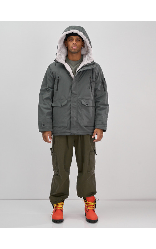Мужская зимняя удлиненная парка с мехом, серого цвета. в Тюмени