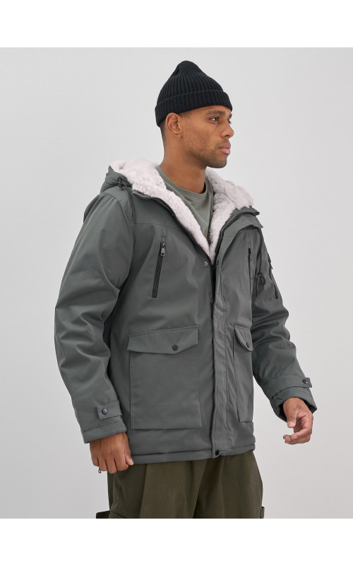 Мужская зимняя удлиненная парка с мехом, серого цвета. в Тюмени