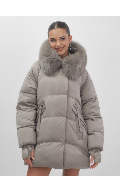 Пуховик с мехом песца, зимний премиум, удлинённый